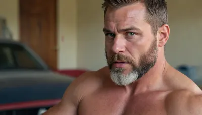 60-year-old dad bearde, detailed face, very erotic atmosphere, eye contact men, looking at viewer, erotic atmosphere, orgasm lips parted, looking with a deep gaze, eroticism, mouth openg from pleasure, American wrestler 50-year-old in car, leg up, full body, suited, one american wrestler men on photo, face with all details, the wrestler must look at the camera, eye contact, erotic fantasy, full boy