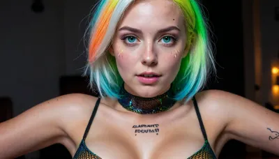 huge boobs, white hair, big ass, space station, glowing, -masterpiece, ultra-detailed, ultra-detailed hair, ultra-detailed eyes, realistic, insanely detailed, photo, dslr, a photo of a young white skinned girl with a fit body, detailed face, perfect face, one green and one blue eye, very very cute, blush, happy, mysterious, freckles, realistic face, symmetrical face, slim body, text_awaitingtongue, rave girl haircut, shiny rainbow hair, mind blowing art style with attention to details, choker, fishnet stockings, glowing fishnet stockings, ripped off, glowing under uv lightning, topless, visible tits, chest thrust out, f cup breasts, natural large breasts, big breasts, protruding nipples, detailed skin texture, skin imperfections, skin pores, supreme quality hyper realistic texture human skin, massive pov cock ejaculating, forced oral, blowjob, pov, cumshot, deepthroat, perfect penis, realistic penis, sucking cock, gagging, sucking cock deep, kneeling and looking up, huge cumshot, crying, PENeonUV, blacklight, neon, <lora:PE_NeonUV Style:2>