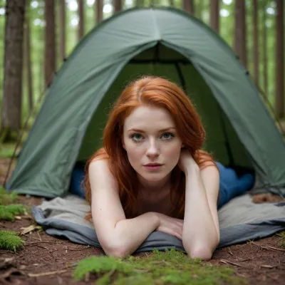 A beautiful redhead woman 25yo, in a tent, in the forest, lying on stomach