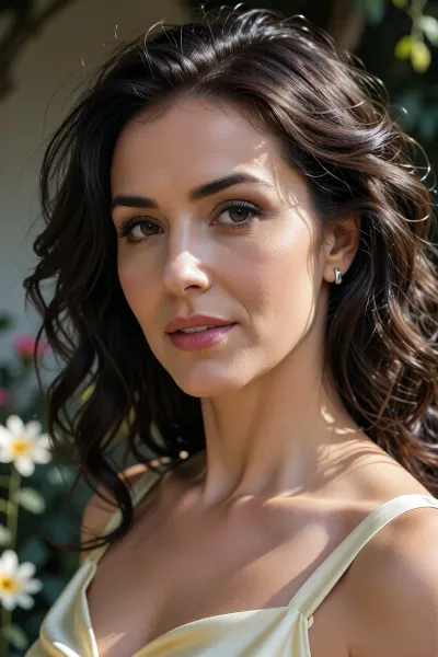 (sophisticated adult woman in her late 20s:1.5), (mature elegance:1.4), (smoothly contoured jawline:1.3), (natural jawline structure:1.3), (almond-shaped dark hazel eyes:1.7), (intricate iris detail:1.6), (well-defined dark eyebrows:1.5), (natural arched brows:1.3), (full soft lips:1.5), (defined cupid's bow:1.4), (nude pink lip tint:1.3), (hyper-realistic skin texture:1.6), (highly detailed fine pores:1.4), (clean yet textured complexion:1.3), (natural skin sheen:1.3), (long wavy dark brown hair:1.5), (chaotic flyaway strands:1.6), (unruly organic hair clumps:1.4), (backlit tangled hair strands:1.4), (small silver drop earring:1.4), (pale yellow silk strap:1.6), (lustrous satin fabric sheen:1.5), (natural fabric creases:1.3), (85mm lens:1.4), (f/1.8 aperture:1.4), (soft focus effect:1.3), (golden hour sunlight:1.7), (warm side lighting:1.6), (dappled sunlight through foliage:1.5), (diffused sun glow:1.4), (high-contrast sun patches:1.3), (deeply shadowed facial contours:1.3), (harsh rim light on hair edges:1.4), (soft organic shadows:1.4), (natural light falloff:1.4), (warm color temperature:1.4), (natural outdoor lighting:1.5), (heavy cinematic bokeh:1.6), (organic blurred garden background:1.4), (out-of-focus flowers and greenery:1.3), (shallow depth of field:1.5), (sun-drenched summer afternoon atmosphere:1.3), (soft atmospheric haze:1.4)