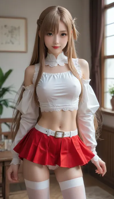 cute asian of 22 years old, little smile, staring at me, (slim legs, slim thigh:1.08), volumy hair, (very long straight brown hair that reached her thigh:1.04), see-through her boobs of E-cups, bouncing breasts, (asuna cosplay of sao anime, lift up red_skirt with some white line, white costume with some red line, detached_sleeves, white_thighhighs, brown_eyes, transparent breastplate, red pleated_skirt, miniskirt, white_belt:1.15), (white panty, detailed panty, sexy panty, visible panty, looking panty:1.14), direct front of her slim legs, (realistic, detailed quality:1.04)