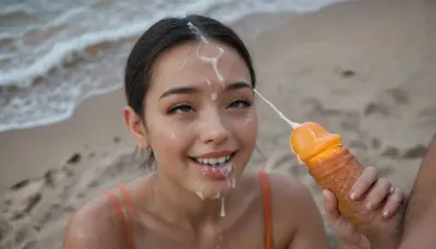 ((Gorgeous, petite, busty Asian woman)), perfect figure, bobcut, (ahegao, eye rolling, smile), ((giving a passionate handjob)), ((cum glow, glowing semen, bright cum)), ((facial cumshot, cum on forehead, cum on cheeks, cum in mouth, cum dripping off her face)), (((a big thick luminescent dick, glowing dick, orange dick))), on a beach, at night, (wearing exciting clothes), (dark ocean in the background, darkness), ((high resolution, highly detailed)), view from above