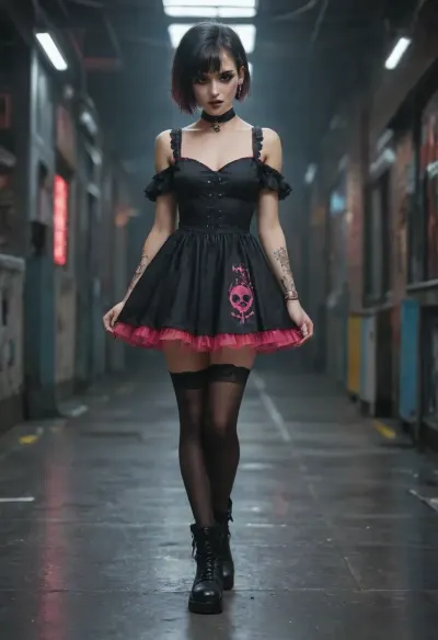 miniature cute goth girl in high-tech dance floor in cyberpunk style futuristic night club, black hair with pink streaks, pixie haircut, goth makeup, gothic_loli dress, black stockings, dress hem ends higher than stockings elastic band, massive heavy black boots