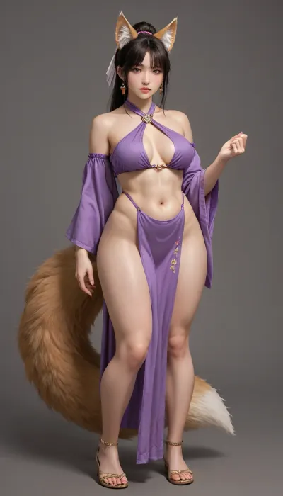 A classic female NPC from a 2010 Chinese turn-based MMORPG, Fox Spirit, (Fox Beauty), voluptuous and curvy figure, seductive and charming expression, wearing revealing pink and purple ancient fantasy attire with fur trimmings, fox ears and fluffy tail, heavy makeup, semi-realistic painted anime style, high saturation, solid plain light background, full body standing pose, vintage game art quality, distinct character outline., flat, chest, big, breasts, huge, gigantic, small, hips, thighs, wide, thick, plump, belly, muscular, female, arms, extra, abs, <lora:Venus_Body_Alpha:.8>