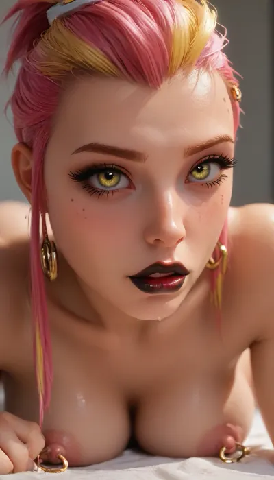 (Vi:1.3), meets, Brigitte, hottie, lime eyes, (close-up of her face:1.4), solo focus, tanned, sexy, shaved head, (neon yellow), highlights, (pointy breasts), (big tits), (nipple rings), (long lashes), (bimbo lips), (black lipstick), (phat ass:1.3), (oiled glossy skin), (fucked from behind), (glistening skin), (sweaty), (wet skin), (pierced nipples), (shiny tits), ((pink nipples)), perfect lips, perfect eyes, (laying prone with her face near the viewer:1.2), (raising her head:1.2), (thick cock:1.3), blowjob, dripping oil, black velvet bedding, dark walls, (from above:.8), <lora:PerfectEyesXL:.1>, <lora:ChrisSanderNov2023:.1>, (SamDoesArts:.8), <lora:SDXLSamDoesArts:.1>