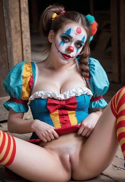 young beautiful girl 18 years old clown girl with big breasts, wearing a pulled-up dress without any underwear, laying on her back with spread legs, no panties, long striped socks, clown makeup, skinny, white face paint, detailed vagina, looking at the viewer, back long high twin multi-colored ponytails, excited, aroused, tack sharp, 4k, dslr