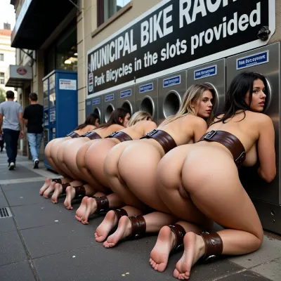 good lighting, glorywall, leather cuffs, leather ankle cuffs, beautiful, short, buxom, (naked), (row of women with fat asses stuck in holes in public vending machines:1.2), big sign on the wall says “MUNICIPAL BIKE RACK, Park Bicycles in the slots provided”, (5 girls stuck in glory wall on public street), (line up of girls' asses), (shaved pussy, pussy exposed, asshole exposed), (all kneeling down with asses high in the air:1.3), (slots for payment above holes:1.1), on a public street, (pedestrians on the street:1.3), passersby, (normal length legs:1.3), Directional lighting, chiaroscuro, front view