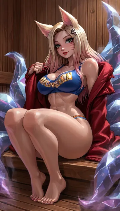 (innv meets jack cayless style), reiq style, masterpiece, cel-shaded, limited color palette, ((beautiful muscles sexy K/DA Ahri from League of Legends body)), 1girl, solo, alone, (big wide curves muscles body), (seductive face, blond hair, ads, perfect breast, perfect muscles, perfect legs, perfect ass, perfect feet, looking erotic), ((furry fully party coat), (neon color tank top bra), (neon color panties)), (camel toed), (front facing seductive pose), (inside, sauna, steam, hotel), ultraviolet light, fine_ascxl, anime, screencap, LoL, Style, (league, of, legends\), Ahri, <lora:LCMTurboMix_Euler_A_fix:1.6>, <lora:EnvyCuteXL01v12:1.7>, <lora:EnvyAnimeDigitalPaintingXL01:1.8>, <lora:Anime_Screencap_Enhancement-v1:1.8>, <lora:Ahri:2>