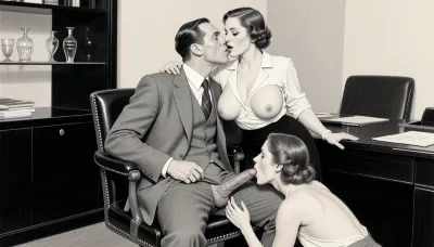 This is a detailed monochromatic pencil drawing in a classical illustrative style depicts a scene set in an office in the 1920s. A professional office setting with three individuals in an intimate interaction. A man in a grey suit and tie sits in a vintage office chair, (((kissing a woman in a white blouse and black skirt, large nipples, nipple outline, The man right hand grabs the woman's breast as she looks at the man. The man fondles her breast as they kiss))), The man has his pants unzipped open with an erect cock, his legs are spread. The man has a straight errection. A young woman kneels between the man’s legs, her hands on his testicles, blowjob, deepthroat, penis in her mouth. The women wear typical 1920s clothes and hairdo. The scene is brightly lit with even lighting. The background includes a black shelving unit with glassware and a neutral-colored wall. The composition is centered, with a medium shot capturing the upper bodies and interactions. The overall style is a black and white pencil drawing, capturing a candid moment. The scene has a formal, organized atmosphere. The overall mood is intense, rendered in fine, expressive line work and subtle shading, evoking the style of 1920s satirical or moralistic illustrations.