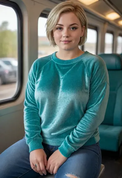 (close-up portrait), (photo taken in passanger train:1.2), dynamic, realistic pose, perfect lighting, (best shadows), 8K, UHD, clear image, (best lighting), best quality, ultra detail, fine detail, high resolution, 8k wallpaper, masterpiece, one female, plumper European woman 30 years old, ((height 175 cm, huge tits, wide hips:1.2)), perfect hands, detailed green eyes, ((short blonde hair, soft hair)), (very chubby face, beautiful, eyeliner, smirk, light freckles, tanned skin, thin lips), ((wearing a detailed shimmering faded teal baggy velvet sweater, jeans trousers:1.4), big earrings, she sits on train seat), chest, big, gigantic, hips, thighs, wide, thick, plump, belly, female, arms, extra, clothes, <lora:Venus_Body_Alpha:.5>