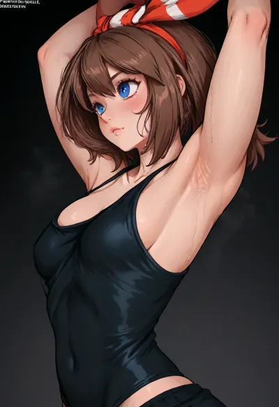 (Markgavatino meets Neocoill style), Cutesexyrobutts style, Cel-shaded, inked lineart, limited color palette, masterpiece, May from Pokemon, (armpit fetish, armpit focus, (extremely detailed armpit:1.5), sweaty armpit), side view, <lora:mk_Bp Anime_xl:1.2>, <lora:lineartSDXL:2>, <lora:EnvyBeautyXL01:2>