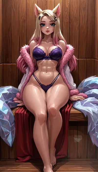 (innv meets jack cayless style), reiq style, masterpiece, cel-shaded, limited color palette, ((beautiful muscles sexy K/DA Ahri from League of Legends body)), 1girl, solo, alone, (big curves body), (seductive face, blond hair, perfect breast, perfect muscles, perfect legs, perfect ass, perfect feet, looking erotic), ((fur fluffy bathrobe), (tight fur bra), (tight fur panties)), (seductive pose), (inside, sauna, steam, hotel), ultraviolet light, fine_ascxl, anime, screencap, LoL, Style, (league, of, legends\), Ahri, <lora:LCMTurboMix_Euler_A_fix:1.2>, <lora:EnvyCuteXL01v12:1.2>, <lora:EnvyAnimeDigitalPaintingXL01:1.1>, <lora:Anime_Screencap_Enhancement-v1:1.3>, <lora:Ahri:2>