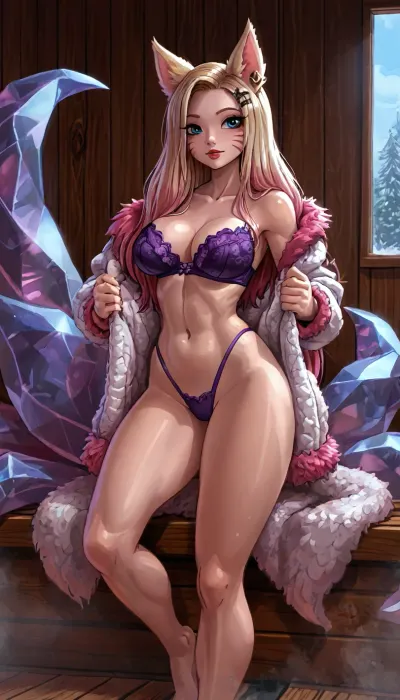 (innv meets jack cayless style), reiq style, masterpiece, cel-shaded, limited color palette, ((beautiful muscles sexy K/DA Ahri from League of Legends body)), 1girl, solo, alone, (big wide curves muscles body), (seductive face, blond hair, ads, perfect breast, perfect muscles, perfect legs, perfect ass, perfect feet, looking erotic), ((furry fully party coat), (neon color lace bra), (neon color thong)), (camel toed), (front facing seductive pose), (inside, sauna, steam, hotel), ultraviolet light, fine_ascxl, anime, screencap, LoL, Style, (league, of, legends\), Ahri, <lora:LCMTurboMix_Euler_A_fix:1.6>, <lora:EnvyCuteXL01v12:1.7>, <lora:EnvyAnimeDigitalPaintingXL01:1.8>, <lora:Anime_Screencap_Enhancement-v1:1.8>, <lora:Ahri:2>