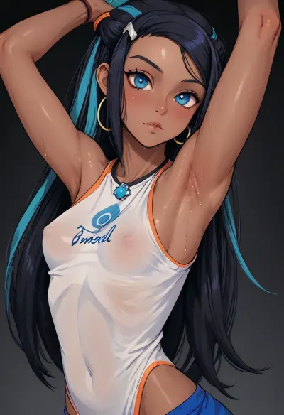 (Markgavatino meets Neocoill style), Cutesexyrobutts style, Cel-shaded, inked lineart, limited color palette, masterpiece, Nessa from Pokemon, (armpit fetish, armpit focus, (extremely detailed armpit:1.5), sweaty armpit), side view, <lora:mk_Bp Anime_xl:1.2>, <lora:lineartSDXL:2>, <lora:EnvyBeautyXL01:2>