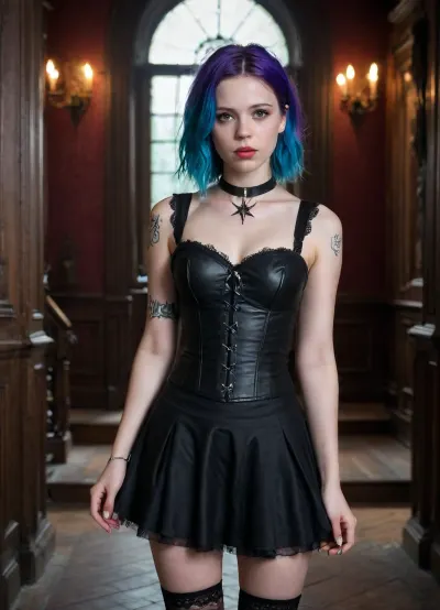 Full body shot, 23 year old british woman, goth style, Electric blue hair with purple streaks falls past her shoulders in loose, deliberately messy waves, Soft heart-shaped face, large brown eyes, small button nose, full lips with pronounced cupid's bow, very fair pale porcelain skin, delicate features, Small nose stud, dark eyebrows, Slim build at 5'5" and 92 lbs, small perky breasts, Pale smooth skin with faint tan lines, slim waist, small perky breasts with pink nipples, toned legs, minimal body fat, (sleeve tattoos down both arms), Black velvet corset top with lace trim, layered tulle mini skirt, wedge ankle boots with buckles, (terrible for running), pointed witch hat, spiked choker, pentagram necklace, multiple rings, black leather cropped jacket, standing in a haunted mansion, (Mia Goth), 1girl, NightScapes, <lora:Mia_Goth_SDXL_101:.8>, <lora:NightScapes_XL14:1>