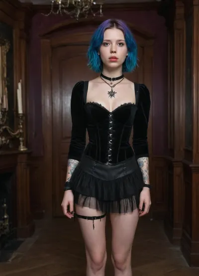 Full body shot, 23 year old british woman, goth style, Electric blue hair with purple streaks falls past her shoulders in loose, deliberately messy waves, Soft heart-shaped face, large brown eyes, small button nose, full lips with pronounced cupid's bow, very fair pale porcelain skin, delicate features, Small nose stud, dark eyebrows, Slim build at 5'5" and 92 lbs, small perky breasts, Pale smooth skin with faint tan lines, slim waist, small perky breasts with pink nipples, toned legs, minimal body fat, (sleeve tattoos down both arms), Black velvet corset top with lace trim, layered tulle mini skirt, wedge ankle boots with buckles, (terrible for running), pointed witch hat, spiked choker, pentagram necklace, multiple rings, black leather cropped jacket, standing in a haunted mansion, (Mia Goth), 1girl, NightScapes, <lora:Mia_Goth_SDXL_101:.8>, <lora:NightScapes_XL14:1>