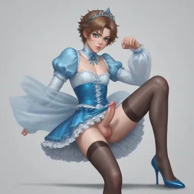 The image is an illustration of a 30 year old anime crossdresser with short brown hair in a styled ponytail, blue eyes. He is wearing a blue corset and matching skirt with petticoat. his penis is hard under the fabric. hes grinning a sexy feminine way, hes wearing a silver tiara with blue diamonds, hes got red high heels and long dark stockings. he is tall show him in a action pose, negativeXL_D