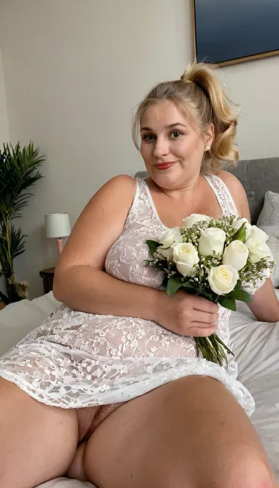 Masterpiece, highly detailed, high quality, hdr, 4k, Hairy, unshaven, Fat, loose, obese, cellulitic, soft, saggy, elderly blonde granny with an unpleasant face, wavy ponytail light brown haircut, white mini short Evening dress, bouquet of flowers, With bouquet in her hand, lying in bedroom, nperverted, happy, sad, wrinkled curvy granny, <lora:happy_v2:.5>