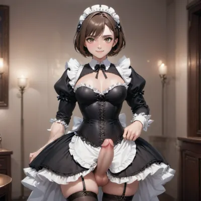 crossdresser male a little muscular short brown hair, handsome smile maid outfit hard cock black satin hown corset, <lora:pantyhose_xl_v1:.8>