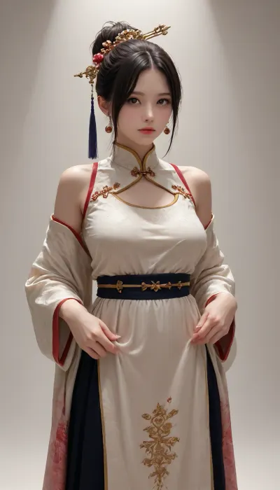 Masterpiece, best quality, ultra-detailed, character design, game sprite, standing pose, solo, 1girl, traditional Chinese clothes, Hanfu, flowing silk robes, intricate embroidery, long black hair, ancient hair bun, jade hairpin, delicate facial features, gentle expression, soft lighting, cinematic lighting, white background, simple background, 2D, anime style, cel shading., GiganticBreatsXL, gigantic, breasts, huge, onoff, <lora:GiganticBreastsXLv1:1>, <lora:OnoffXL_ExtraCrispy:2>