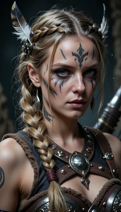 drawing of a Viking warrior woman with braided hair, wearing war paint on her face, feathers in her long blonde braid, looking at the forward, high contrast, low color palette, fantasy style, detailed, valhalla background