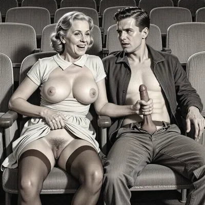 This is a detailed monochromatic pencil drawing in a classical illustrative style depicts a scene set in in the movie theater in the 1950s, 1 young man and 1 older woman, older woman holds the man's penis in her hand while watching the movie, older woman smiling while giving younger man a handjob, older woman is wearing a 1950s dress and Her dress is slightly pulled up, pubic hair, hairy pussy, large nipples, nipple outline, she is wearing brown stockings but no panties, no shoes. her genitals are slightly visible, Her knees are spread, young man is casually dressed with unzipped open trousers, with brown hair, young man is looking sexually aroused and lustful, head tilted back enjoying the hand job by the woman, candid amateur picture, man is fully visible, (((both man and woman are looking straight ahead at camera))), The overall style is a black and white pencil drawing, capturing a candid moment. The scene has a formal, organized atmosphere. The overall mood is intense, rendered in fine, expressive line work and subtle shading, evoking the style of 1950s satirical or moralistic illustrations.
