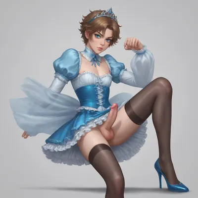 The image is an illustration of a 30 year old anime crossdresser with short brown hair in a styled ponytail, blue eyes. He is wearing a blue corset and matching skirt with petticoat. his penis is hard under the fabric. hes grinning a sexy feminine way, hes wearing a silver tiara with blue diamonds, hes got red high heels and long dark stockings. he is tall show him in a action pose, negativeXL_D