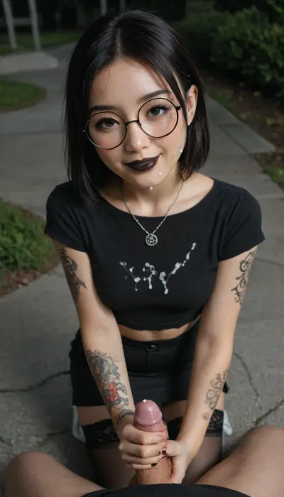 Petite gothic girl, (asian:2), (((black lipstick))), slim body, full body tattoo, (((round glasses))), (perfect glasses), (21 years girl), (slender girl), cute girl, pretty girl, super cute face, pale skin, eyeliner, (((black lips))), very smiling, perfect eyes, view full body, (in park on night), smiling, square cut, dark hair, ((straight hair)), green eyes, (necklace), (lace top), (((black top))), (short skirt), ((black stocking)), black sneakers, Sweaty, highly detailed, Hd, 4k professional photography, (kneeling), pov, handjob, view from above, (cum on face), (cum on clothes)