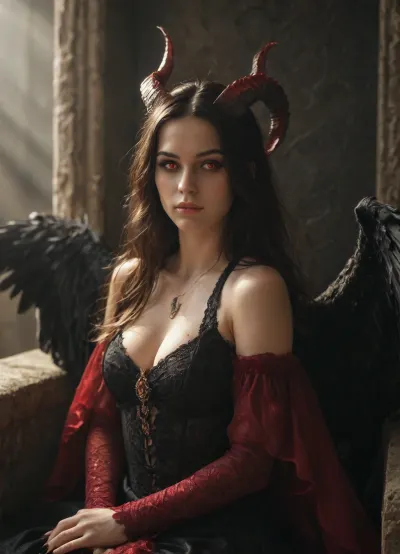 Majestic demon queen Lilith, long flowing dark hair, elegant black curved horns, glowing crimson eyes, wearing a dress made of shadows and obsidian jewelry, large black feathered wings, sitting on a dark stone throne, underworld background, cinematic lighting, dark fantasy art, highly detailed, 8k resolution., Close-up portrait of the demon Lilith, captivating and intense gaze, subtle black scales on her cheekbones, sharp black fingernails, dark makeup, smoky background with faint occult symbols, moody lighting, chiascuro photography, 35mm lens, realistic.