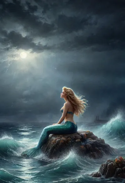 Mermaid sitting on a reef during a storm in the moonlight, heavy rain and lightning, stormy sea, big waves, <lora:Detailed_female_hands-000001:.8>, <lora:mermaidXL:.8>, mermaid, <lora:mermaid_xl_v1:.8>, Painting, by, Ivan, Aivazovsky, <lora:Ivan_Aivazovsky:.8>, hvrn, heavy, rain, <lora:Heavy_Rain_XL-000008:.8>