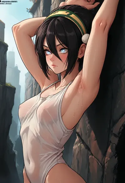 (Markgavatino meets Neocoill style), Cutesexyrobutts style, Cel-shaded, inked lineart, limited color palette, masterpiece, toph Beifong, white eyes, (armpit fetish, armpit focus, (extremely detailed armpit:1.5), sweaty armpit), side view, <lora:mk_Bp Anime_xl:1.2>, <lora:lineartSDXL:2>, <lora:EnvyBeautyXL01:2>