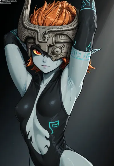 (Markgavatino meets Neocoill style), Cutesexyrobutts style, Cel-shaded, inked lineart, limited color palette, masterpiece, (imp midna, short thick, mask, blue skin), (armpit fetish, armpit focus, (extremely detailed armpit:1.5), sweaty armpit), side view, <lora:mk_Bp Anime_xl:1.2>, <lora:lineartSDXL:2>, <lora:EnvyBeautyXL01:2>