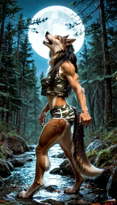 werewolf standing at night in a forest by a stream, (((howling at the moon))), ((night)), (furry art, very furry werewolf woman), (((very long fur))), (canine female, female anthro), (camo sleeveless loose cropped shirt), (((camo briefs))), (very large quads), (large wolf feet), (delicate canine long paws), (flat ass), (tiny torso), nude anthro wolf body, long hair, (((long shaggy fur))), ((looking at the moon)), (short wolf tail), <lora:TLS:1>, ((teeth)), biceps, ((side view)), (skinny fit), (very muscular body), ((werewolf))