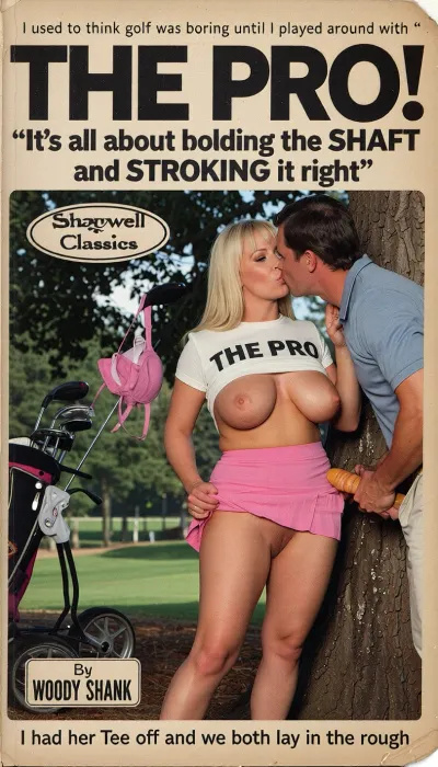Slightly worn Pulp paperback cover. Picture of a wooded section of a golf course, the fairway and green in the distance, a Mature busty blonde is standing and pushing a man against a tree. She is chubby with big fat sagging tits, She is standing and kissing a casually dressed man reaching down to grip his erect cock. She is wearing a white tee shirt with the words “THE PRO” boldly written on it. She wears a short pink pleated tennis skirt that blows up in the wind to reveal her perfect ass and hairy pussy. In the background is her set of wheeled golf clubs with a big pink bra blowing in the wind hanging from a club.


Wording across the top of the page in two lines reads “I used to think golf was boring until I played around with “.
Headline reads “THE PRO!”, in a bold font.
Sub heading text two lines reads “It’s all about holding the SHAFT and STROKING it right”.
Publisher reads “Shagwell Classics” in an oval box.
Author name in a box reads “ By WOODY SHANK ”.
Bottom line text reads “I had her Tee off and we both lay in the rough “
Chiaroscuro