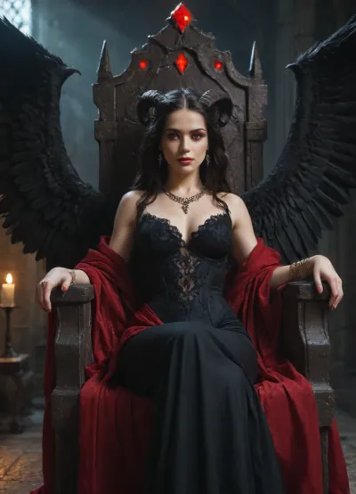 Majestic demon queen Lilith, long flowing dark hair, elegant black curved horns, glowing crimson eyes, wearing a dress made of shadows and obsidian jewelry, large black feathered wings, sitting on a dark stone throne, underworld background, cinematic lighting, dark fantasy art, highly detailed, 8k resolution.