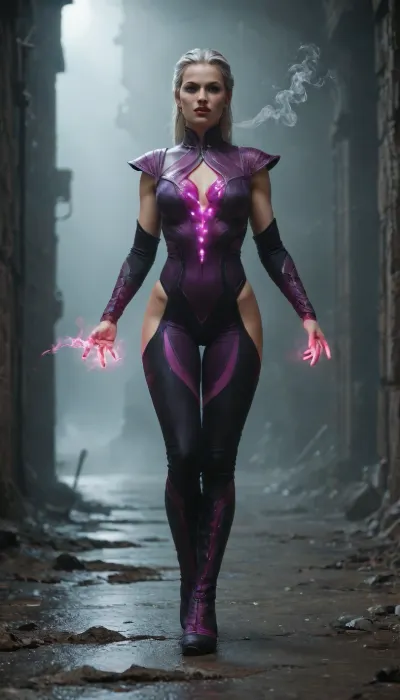 Full body shot of Sindel from Mortal Kombat, unleashing a powerful sonic scream, soundwaves visibly warping the air around her, her massive white hair acting like tentacles attacking an unseen foe. Dark fantasy style, cinematic, hyper-detailed, strom, neon purple energy glowing, smoke and debris on the floor, dramatic shadows, Unreal Engine 5 render style.