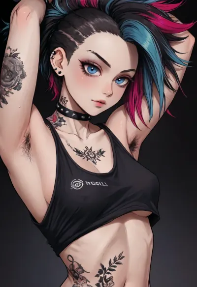 (Markgavatino meets Neocoill style), Cutesexyrobutts style, Cel-shaded, inked lineart, limited color palette, masterpiece, (punk girl, tattoos, piercings, make-up, colored hair, hairy armpits:1.5), (armpit fetish, armpit focus, (extremely detailed armpit:1.5), sweaty armpit, glistening armpit), close-up, dynamic pose, side view, <lora:mk_Bp Anime_xl:1.2>, <lora:lineartSDXL:2>, <lora:EnvyBeautyXL01:2>
