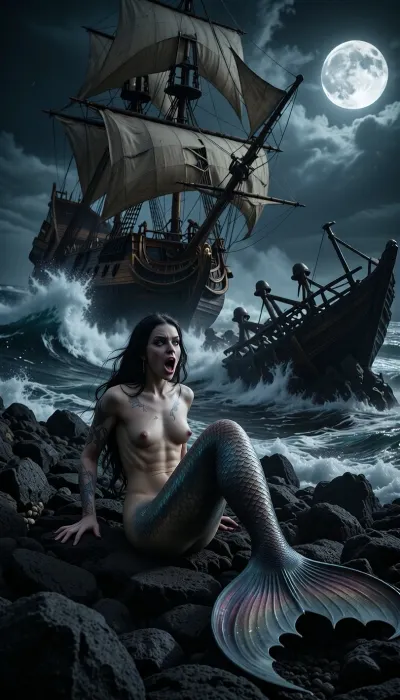 A dark Gothic masterpiece medium close-up photographecapturing a hauntingly beautiful and terrifying scene. A majestic mermaid with pale skin, long dark hair, and fascinating blue eyes is perched on a jagged black volcanic reef during a violent night storm under the eerie, intense glow of a full moon. Her mouth is open in a powerful, seductive, and chilling siren song. In the immediate background, a massive 19th-century wooden gothic ship is actively crashing and splintering against the sharp rocks, its sails torn by the tempest, colliding with a dark, skeletal shipwreck already trapped in the reef. Explosive white ocean foam and giant, crashing waves slam against the rocks, caught in sharp focus under the dramatic moonlight. Deep, high-contrast shadows, rich dark textures, and a stormy, tempestuous atmosphere. Flawless anatomy of the creature's human torso and detailed, iridescent fish tail. Sharp focus on her expressive, frightening face, high-quality cinematic texture, heavy atmosphere, shot on 35mm film with sharp detail and deep black.