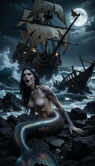 A dark Gothic masterpiece medium close-up photographecapturing a hauntingly beautiful and terrifying scene. A majestic mermaid with pale skin, long dark hair, and fascinating blue eyes is perched on a jagged black volcanic reef during a violent night storm under the eerie, intense glow of a full moon. Her mouth is open in a powerful, seductive, and chilling siren song. In the immediate background, a massive 19th-century wooden gothic ship is actively crashing and splintering against the sharp rocks, its sails torn by the tempest, colliding with a dark, skeletal shipwreck already trapped in the reef. Explosive white ocean foam and giant, crashing waves slam against the rocks, caught in sharp focus under the dramatic moonlight. Deep, high-contrast shadows, rich dark textures, and a stormy, tempestuous atmosphere. Flawless anatomy of the creature's human torso and detailed, iridescent fish tail. Sharp focus on her expressive, frightening face, high-quality cinematic texture, heavy atmosphere, shot on 35mm film with sharp detail and deep black.