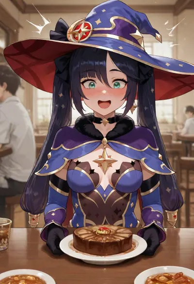 Mona Megistus from the Genshin Impact series, blushing, surprised, small breasts, at cafeteria, wholesome, happy, date, mona megistus clothes, proposal ring, proposing, <lora:Terasu_mc_XL:2>