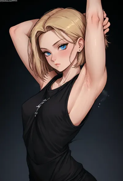 (Markgavatino meets Neocoill style), Cutesexyrobutts style, Cel-shaded, inked lineart, limited color palette, masterpiece, android 18, (armpit fetish, armpit focus, (extremely detailed armpit:1.5), sweaty armpit), side view, <lora:mk_Bp Anime_xl:1.2>, <lora:lineartSDXL:2>, <lora:EnvyBeautyXL01:2>