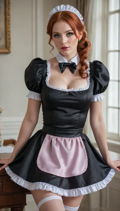 25 years old gorgeous sensual redhead woman in a french maid uniform, (satin maid dress), her 34c firm breasts are barely covered, tight unform, she leaning on a desk in a seductive pose, she wants to fuck you, she slightly spread legs, t, maid, <lora:xl_cute_maid_dress-1.0:.8>