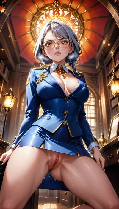anime cinematic key visual, cel-shaded illustration, studio-quality linework, vibrant saturated colors, Kyoto Animation aesthetic, detailed character design, mature female university chancellor in her late 40s, silver-streaked black hair in tight bun, stern angular face with sharp amber eyes reflecting light, visible crow's feet, thin wire-frame glasses perched on nose, fitted navy blue blazer with university crest pin, white silk blouse unbuttoned at collar, strict pencil skirt hiked up over hips revealing muscular thighs, visible anus and vagina with realistic anatomy, kneeling on mahogany executive desk scattering papers, leather-bound books and overturned inkwell in foreground, wall of antique bookshelves and stained-glass university crest in midground, autumn leaves blowing past leaded windows in background, dramatic low-angle shot looking up at her from desk level, sharp rim lighting from desk lamp casting long shadows, golden sunset filtering through dusty library air, cold angry expression staring down at viewer through shoulder with clenched jaw, visible breath in chilly office air, combination of silk fabric texture, polished wood grain, frosted glass, wrinkled documents, droplets of spilled ink, Makoto Shinkai-inspired lighting, Ufotable-level detail in fabric folds and facial expression, cinematic anime film still composition