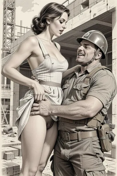 This is is a detailed monochromatic pencil drawing in a classical illustrative style depicts a scene set Beautiful sexy brown elegant hairstyle mother stands leaning over in a building under construction, wearing in summer dress, married woman, the hem of the dress is pulled up, hairy woman's pubic, fully clothed very ugly lustful fat construction worker in a combat zone and a construction helmet who holds her by the hips, looking up, seductive face, lustful mocking smile on man's ugly face, The overall mood is intense, rendered in fine, expressive line work and subtle shading, evoking the style of 1950s satirical or moralistic illustrations.