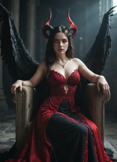 Majestic demon queen Lilith, long flowing dark hair, elegant black curved horns, glowing crimson eyes, wearing a dress made of shadows and obsidian jewelry, large black feathered wings, sitting on a dark stone throne, underworld background, cinematic lighting, dark fantasy art, highly detailed, 8k resolution.
