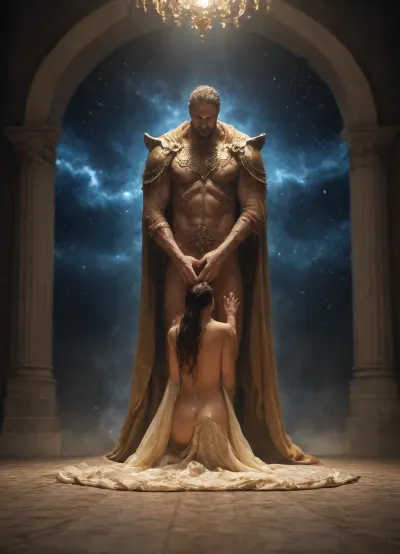 "Cinematic masterpiece, hyper-realistic, (nude), divine entities as supreme gods of an eternal galaxy. A majestic male god representing DAMM and a radiant goddess representing ANA, [standing, sitting, kneeling, lying down], full body shot of the, standing together at the core of a glowing, cosmic nebula. DAMM is regal and powerful, radiating golden and obsidian energy. ANA is elegant and celestial, glowing with starlight and ethereal blue light. They are holding hands, and from their touch, a universe is being born. The names 'DAMM' and 'ANA' are written in elegant, glowing celestial gold script floating between them. Intricate details, ethereal atmosphere, 8k resolution, legendary composition, sharp focus, triumphant and sovereign aesthetic.", "Epic cinematic movie poster design. In the center, two supreme divine entities, DAMM and ANA, standing majestically as the rulers of the cosmos. DAMM men, is a powerful god figure with golden and obsidian energy, and ANA girl, is a radiant goddess figure glowing with starlight and celestial blue light. They are looking into the horizon of a newborn galaxy. Bold, elegant, professional movie-title typography at the top and bottom says 'DAMM & ANA'. The composition is grand, dramatic lighting, epic scale, gold and cosmic blue color palette, masterful art style, iconic, sovereign, and legendary."