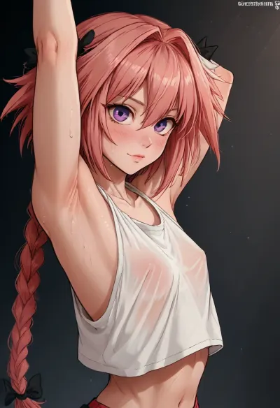 (Markgavatino meets Neocoill style), Cutesexyrobutts style, Cel-shaded, inked lineart, limited color palette, masterpiece, (astolfo, fate, flat chest), (armpit fetish, armpit focus, (extremely detailed armpit:1.5), sweaty armpit, glistening armpit), dynamic pose, side view, <lora:mk_Bp Anime_xl:1.2>, <lora:lineartSDXL:2>, <lora:EnvyBeautyXL01:2>
