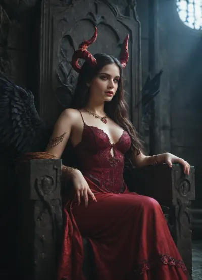 Majestic demon queen Lilith, long flowing dark hair, elegant black curved horns, glowing crimson eyes, wearing a dress made of shadows and obsidian jewelry, large black feathered wings, sitting on a dark stone throne, underworld background, cinematic lighting, dark fantasy art, highly detailed, 8k resolution.