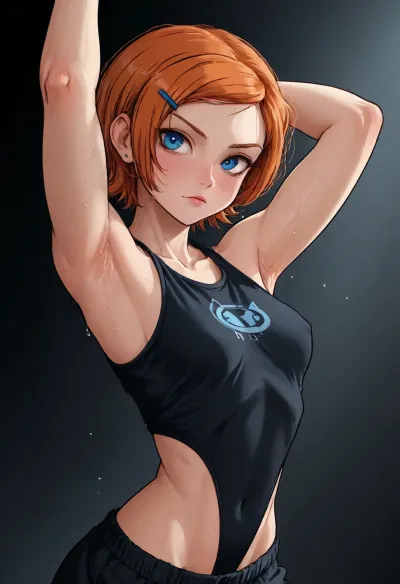 (Markgavatino meets Neocoill style), Cutesexyrobutts style, Cel-shaded, inked lineart, limited color palette, masterpiece, Gwen Tennyson from ben10, orange hair, (armpit fetish, armpit focus, (extremely detailed armpit:1.5), sweaty armpit), side view, <lora:mk_Bp Anime_xl:1.2>, <lora:lineartSDXL:2>, <lora:EnvyBeautyXL01:2>
