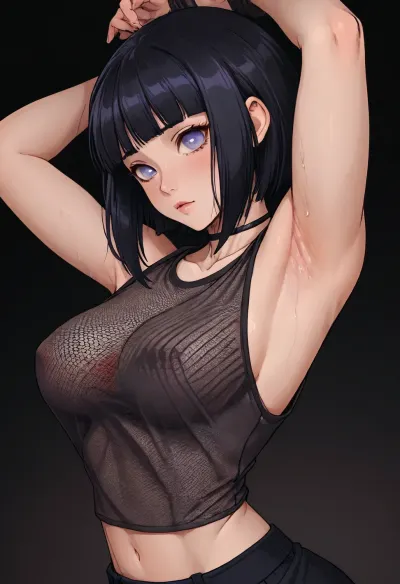 (Markgavatino meets Neocoill style), Cutesexyrobutts style, Cel-shaded, inked lineart, limited color palette, masterpiece, Hinata_hyuuga from Naruto, fishnet shirt, large breasts, (armpit fetish, armpit focus, (extremely detailed armpit:1.5), sweaty armpit), side view, <lora:mk_Bp Anime_xl:1.2>, <lora:lineartSDXL:2>, <lora:EnvyBeautyXL01:2>